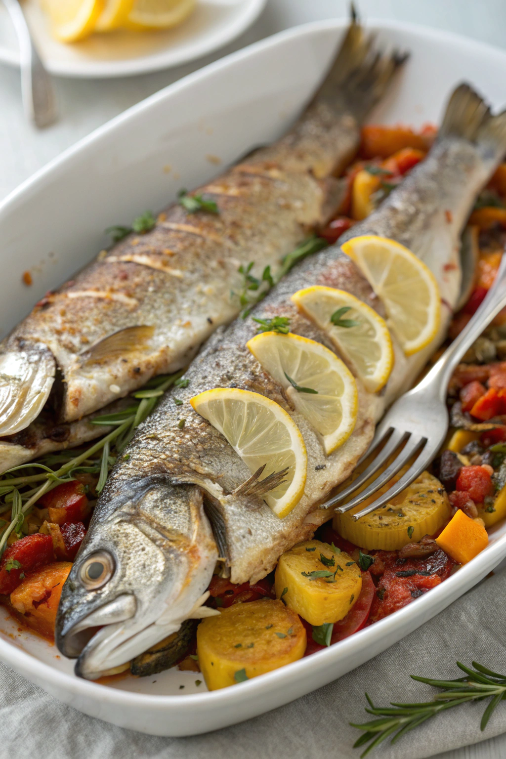 Oven Baked Mediterranean Branzino with potatoes and veggies