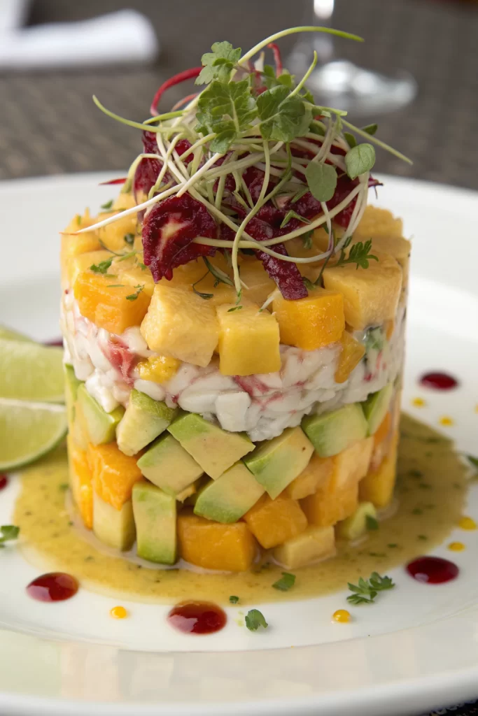 Crab Avocado Towers with Mango Lime-Cilantro Vinaigrette