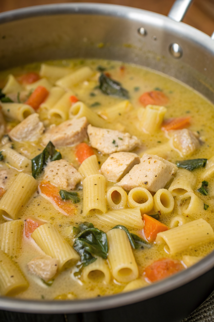 Creamy Chicken Pasta Soup Recipe with Carrot and Spinach