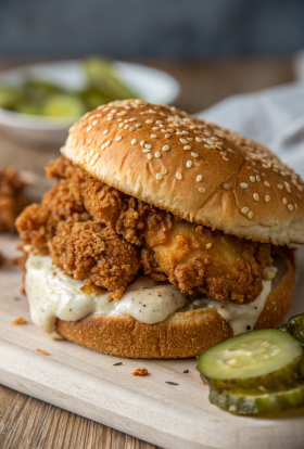 Crispy Chicken Sandwich with Pickles and Ranch Dressing