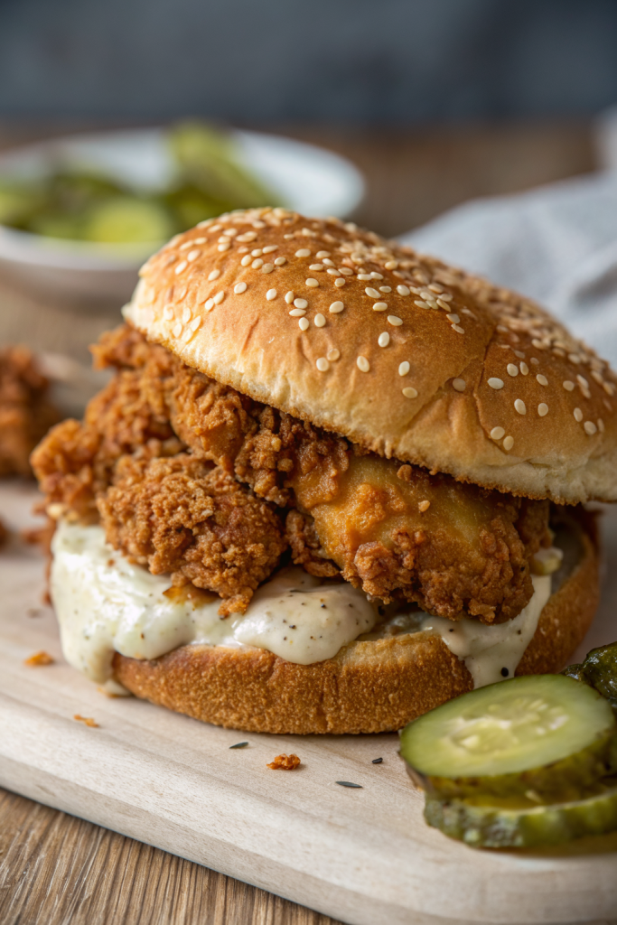 Crispy Chicken Sandwich with Pickles and Ranch Dressing