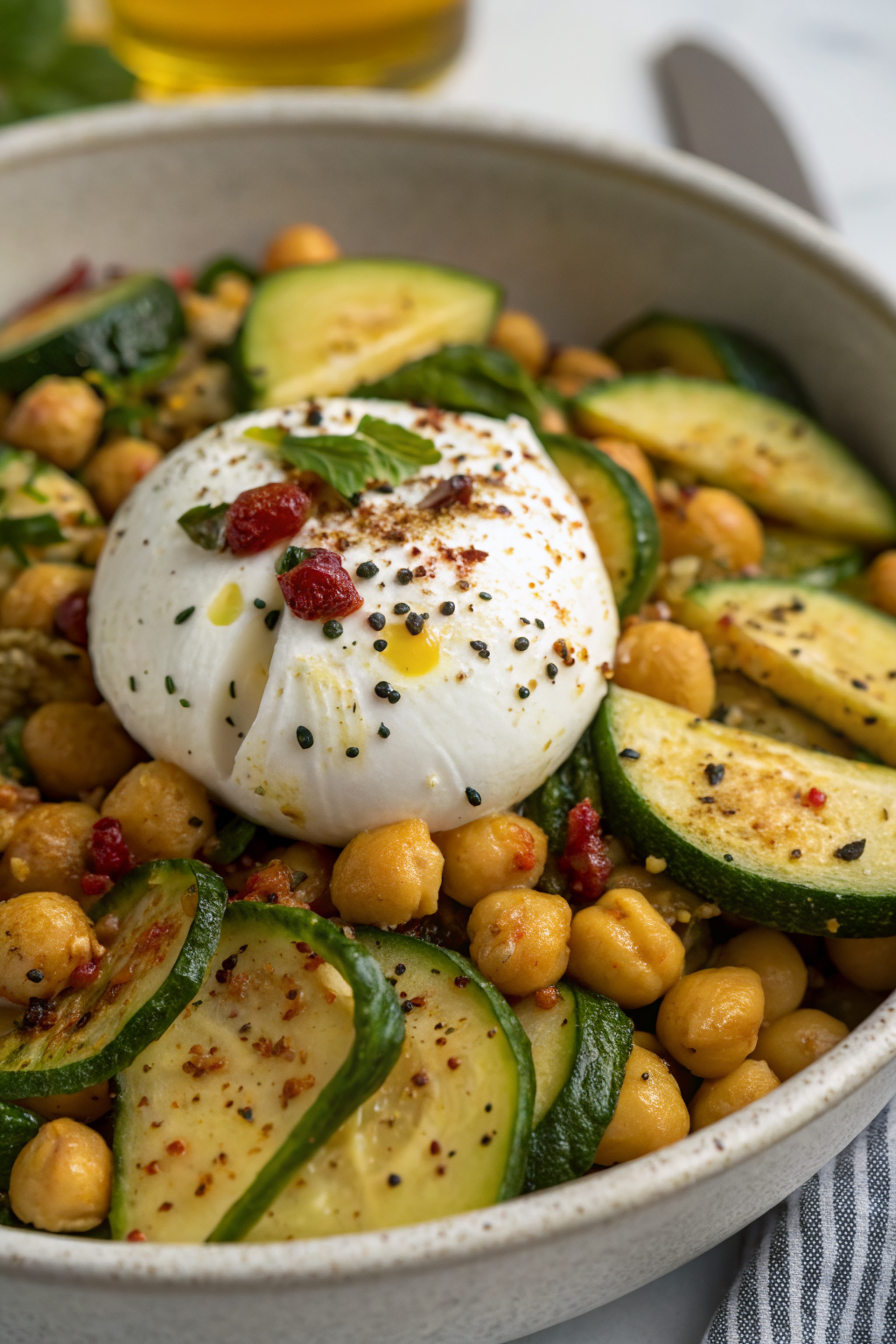 Grilled Zucchini Chickpea Salad with Burrata and Chili Oil