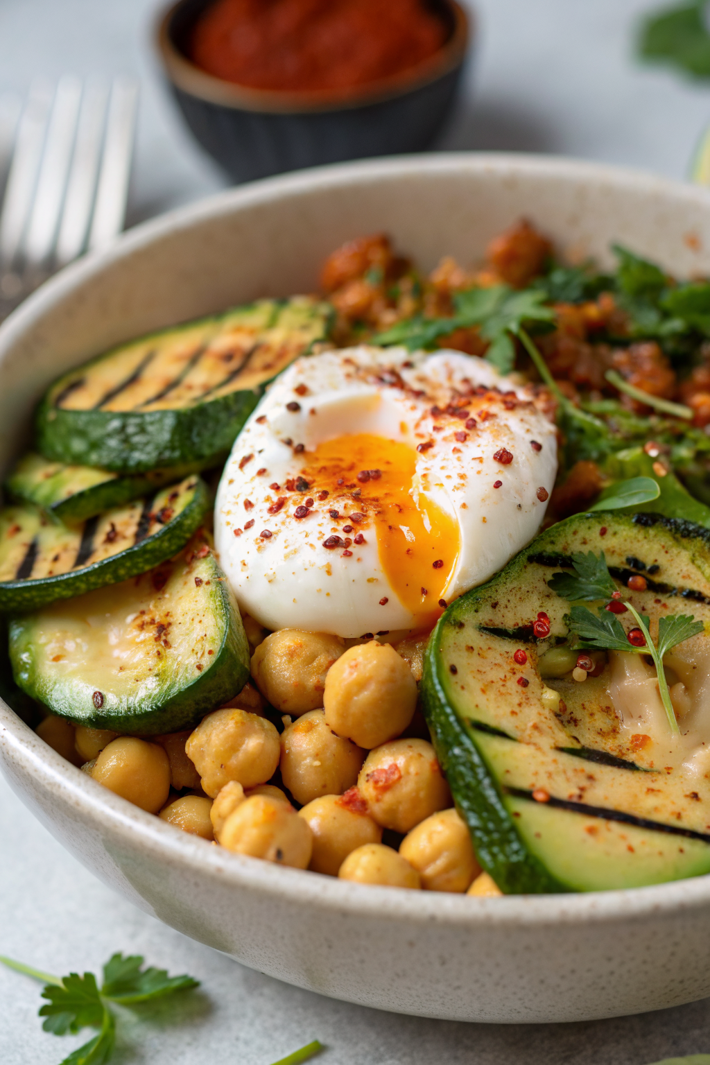 Grilled Zucchini Chickpea Salad with Burrata Chili Oil