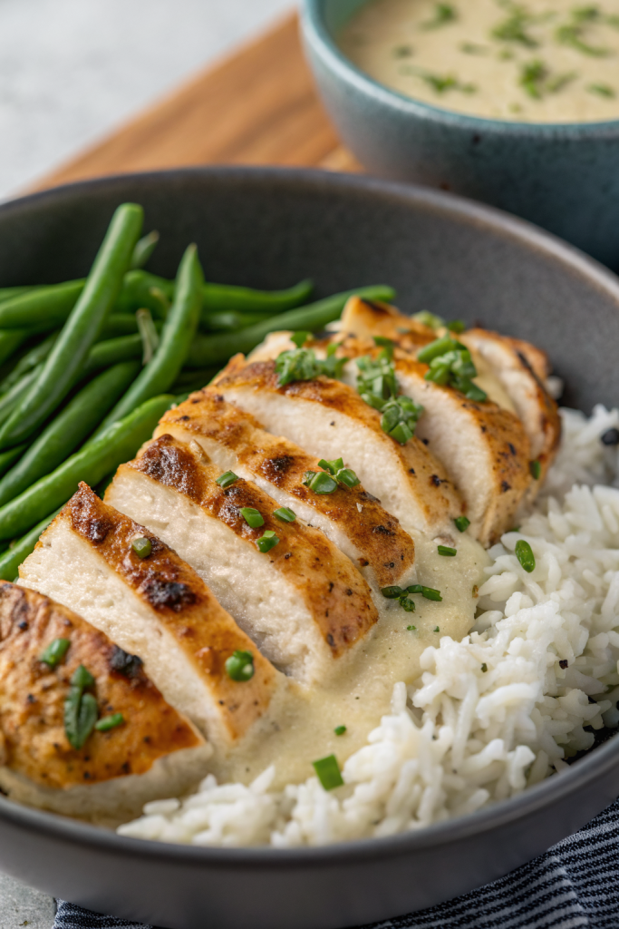 Creamy Herb Chicken with Green Beans Steamed Rice