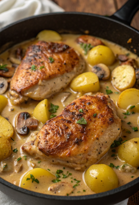 Herb Roasted Chicken in Creamy White Sauce with Mushroom and Potatoes