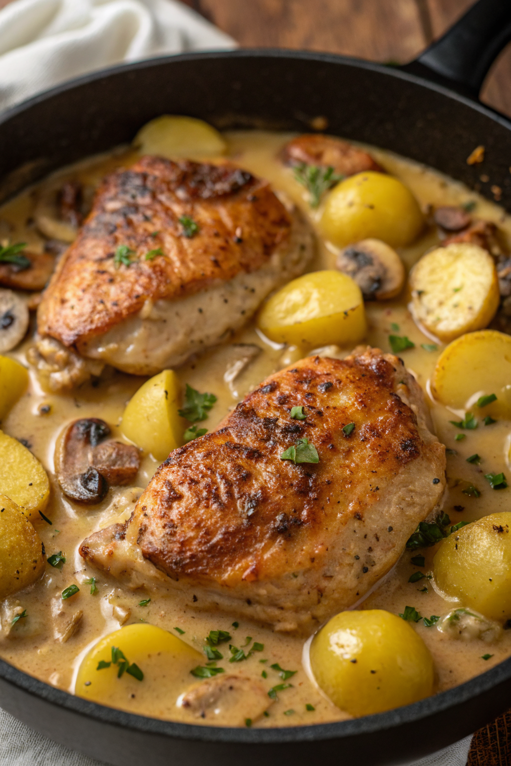 Herb Roasted Chicken in Creamy White Sauce with Mushroom and Potatoes