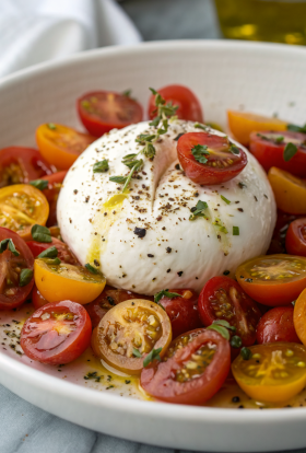 Marinated Tomato and Burrata Salad with Balsamic Glaze