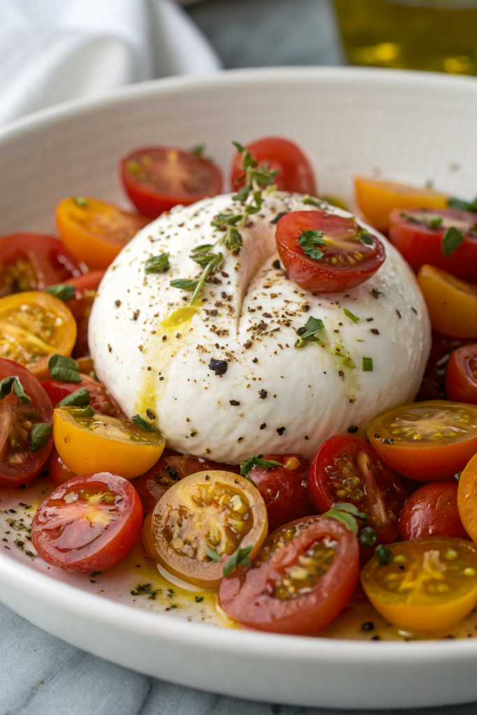 Marinated Tomato and Burrata Salad with Balsamic Glaze