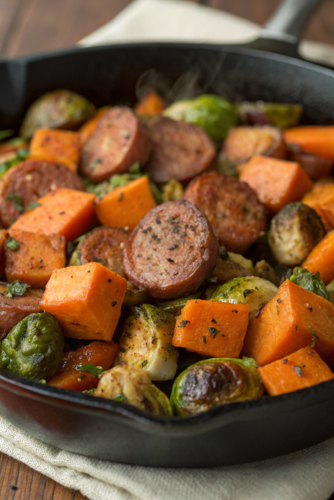 Sausage Veggies Skillet with Butternut Squash Brussels Sprouts.