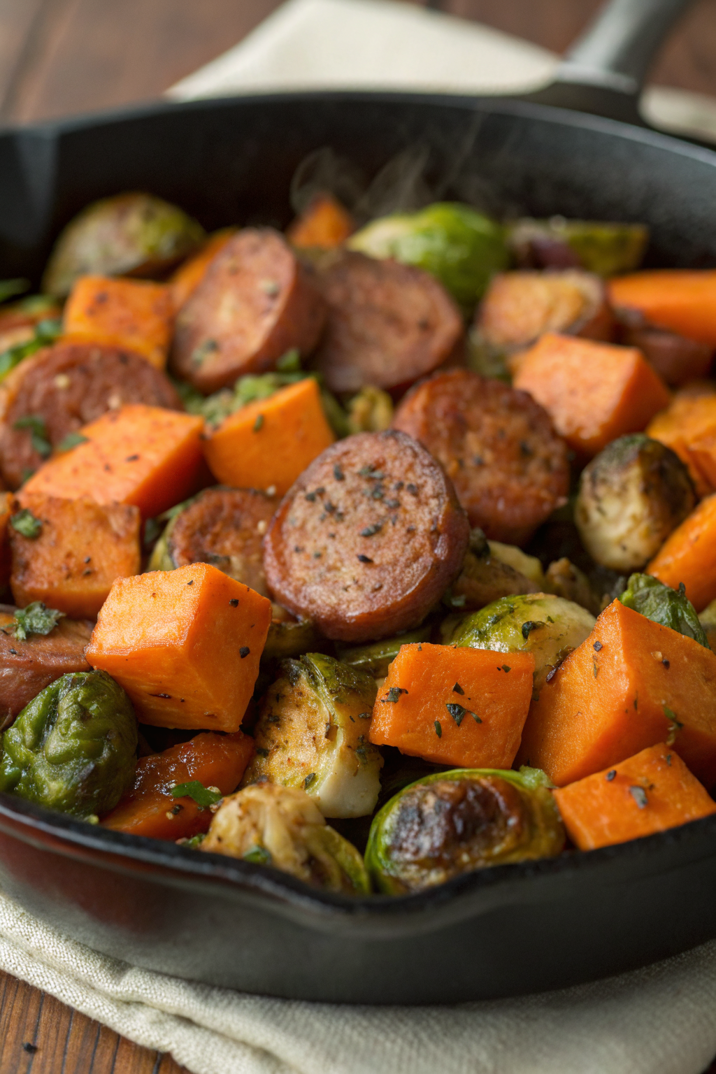 Sausage Veggies Skillet with Butternut Squash Brussels Sprouts.