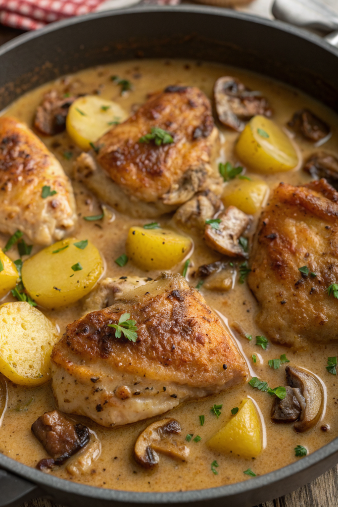Herb Roasted Chicken in Creamy White Sauce with Mushroom Potatoes