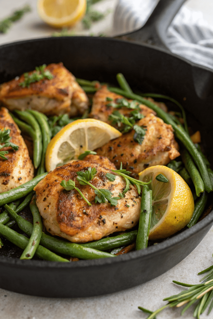 Lemon Garlic Butter Chicken Thighs with Green Beans Skille