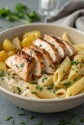 Loaded Herb Grilled Chicken with Creamy Pesto Pasta Roasted Potatoes