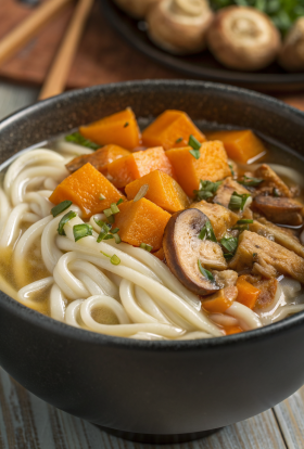 Miso Udon Noodle Soup with Teriyaki Mushrooms