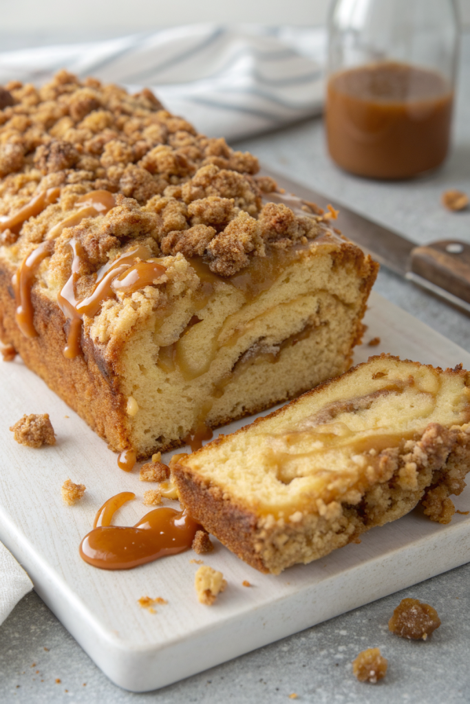 Apple Crumble Loaf Cake with Caramel Drizzle