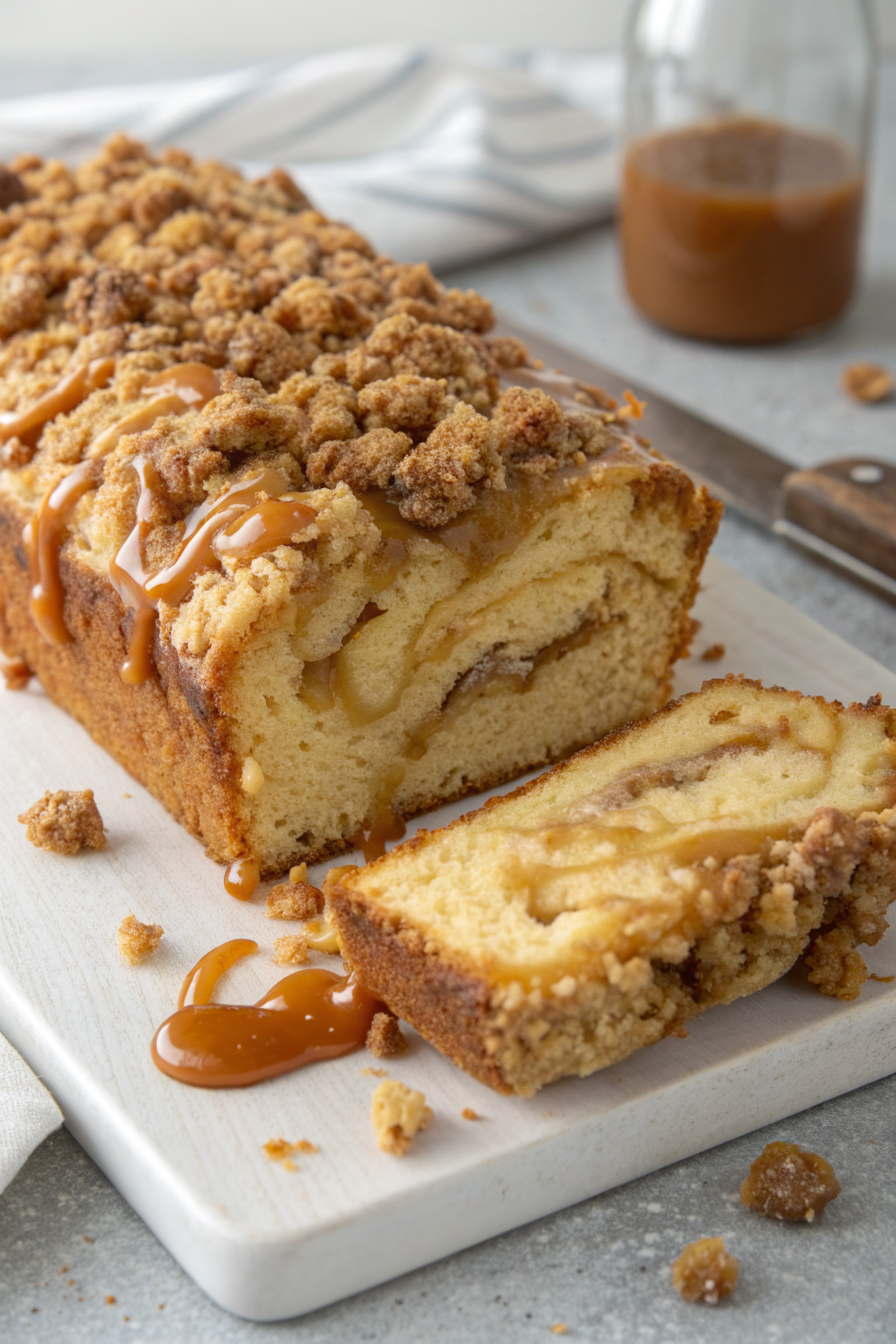 Apple Crumble Loaf Cake with Caramel Drizzle