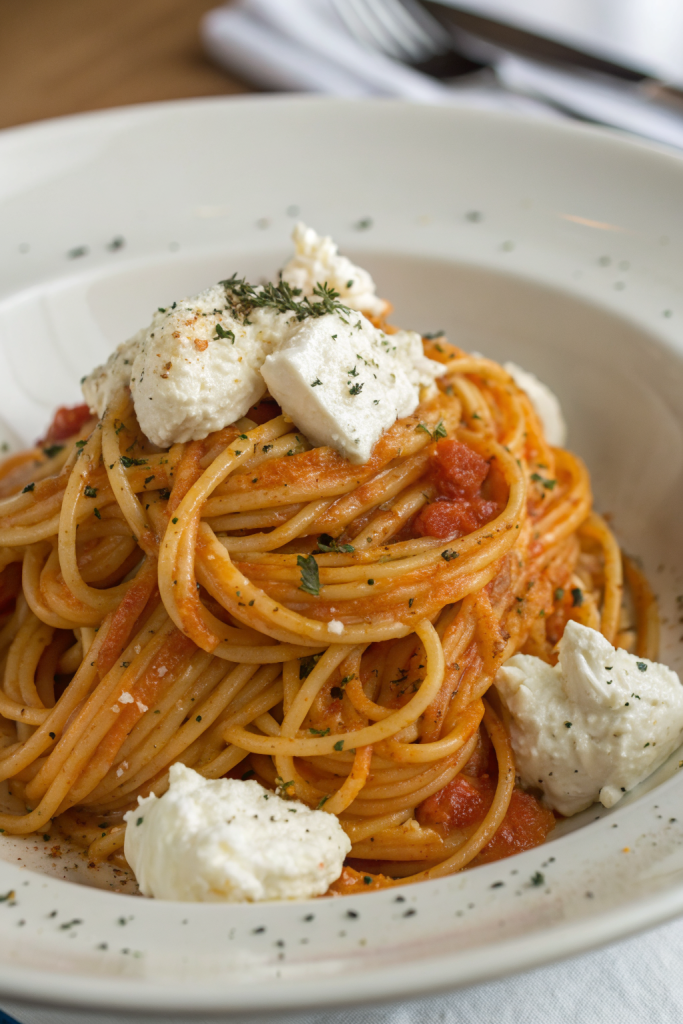 Creamy Red Pepper Pasta with Burrata and Herbs