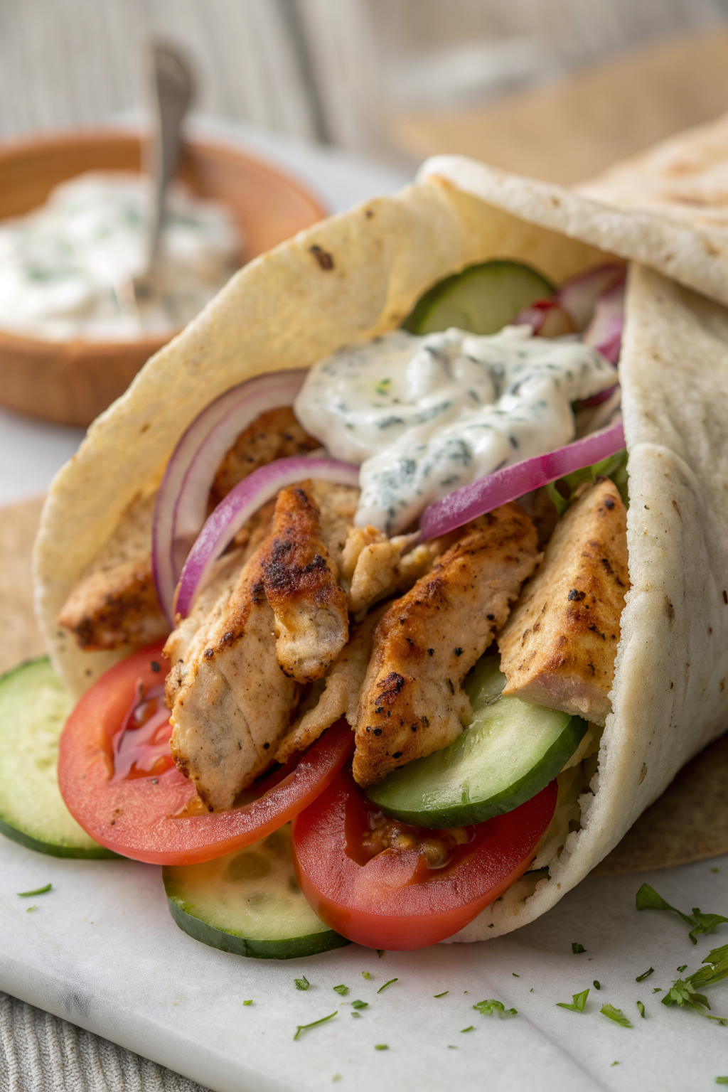 Crockpot Greek Chicken Pitas with Tzatziki