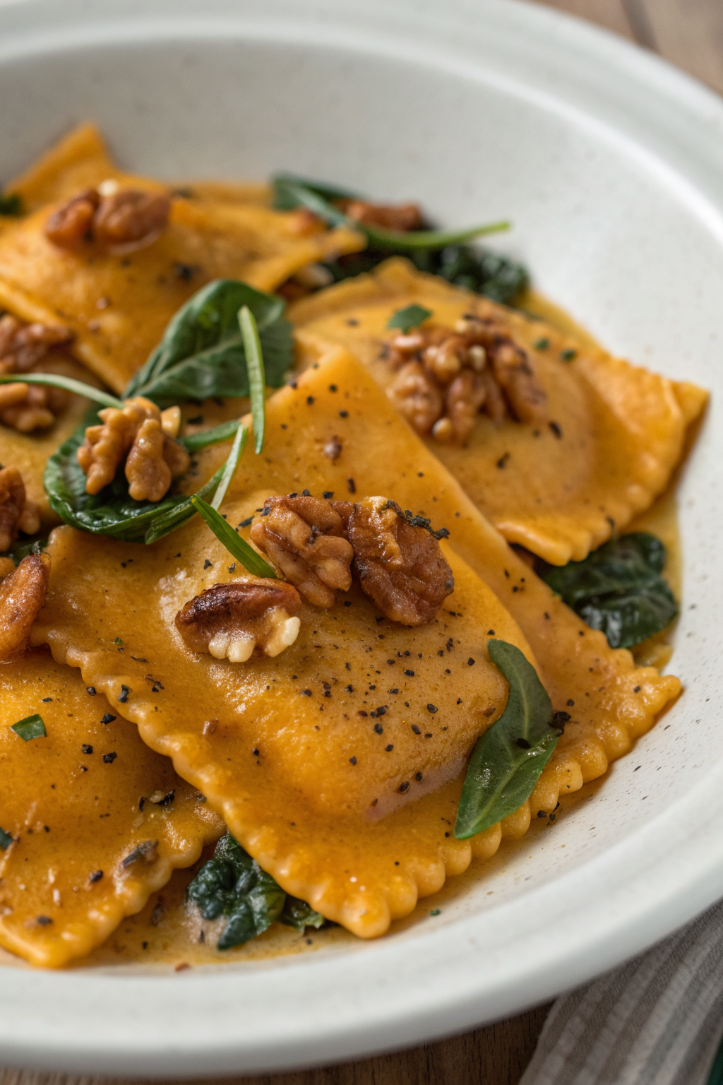 Pumpkin Pasta with Toasted Walnuts and Spinach