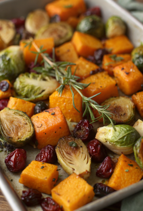 Roasted Butternut Squash Brussels sprouts with Pecans